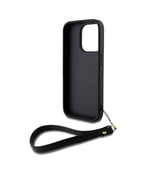 DKNY PU Leather Stack Logo Wrist Strap Zadní Kryt pro iPhone 14 Pro Black