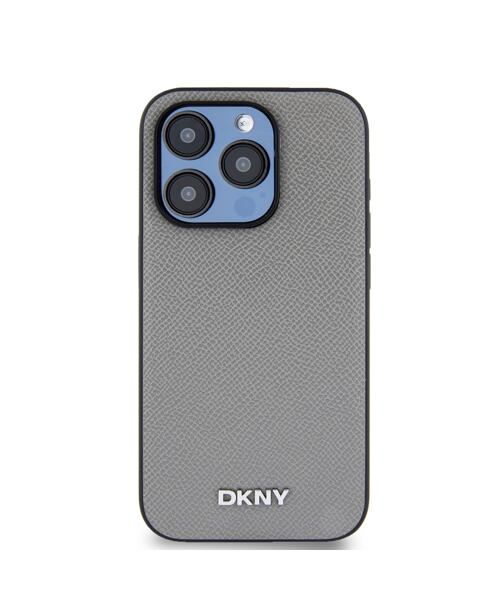 DKNY PU Leather Silver Metal Logo Magsafe Zadní Kryt pro iPhone 15 Pro Max Grey