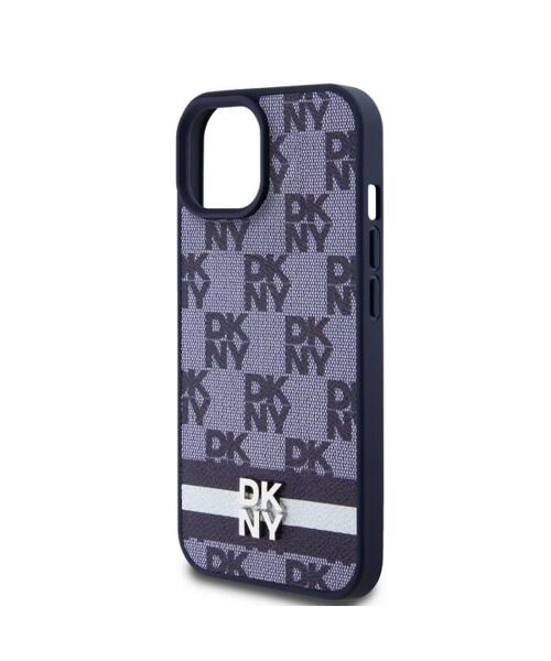 DKNY PU Leather Checkered Pattern and Stripe Zadní Kryt pro iPhone 15 Blue