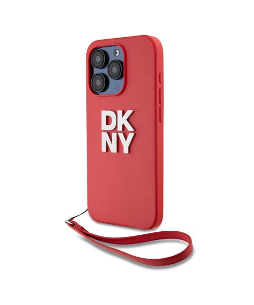 DKNY PU Leather Stack Logo Wrist Strap Zadní Kryt pro iPhone 14 Pro Max Red