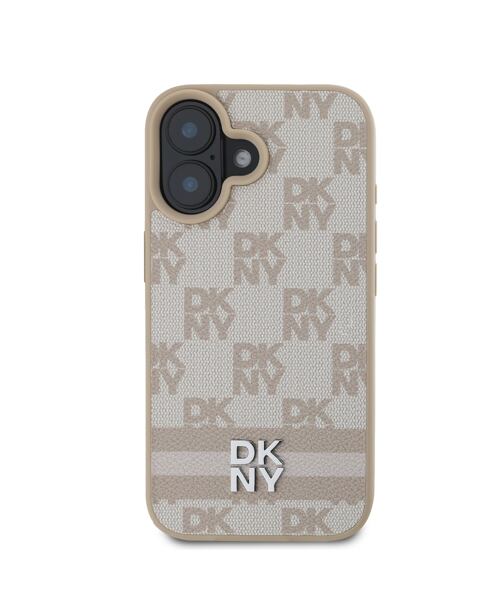 DKNY PU Leather Checkered Pattern and Stripe Zadní Kryt pro iPhone 16 Pink