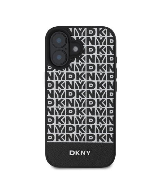 DKNY PU Leather Repeat Pattern Bottom Stripe MagSafe Zadní Kryt pro iPhone 16 Plus Black