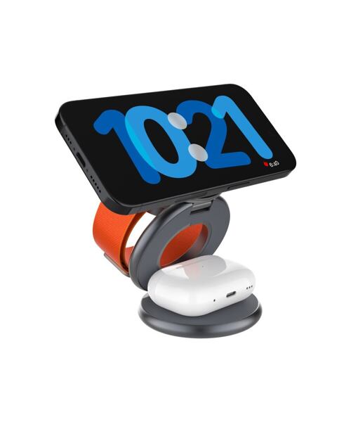 Bezdrátová skládací nabíječka 3v1 FIXED MagPowerstation Round s podporou MagSafe, 15W+5W+5W, šedá