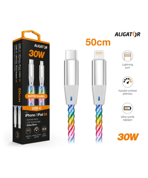 Datový kabel ALIGATOR POWER 3A 30W, USB-C/Lightning, 0,5m svítící
