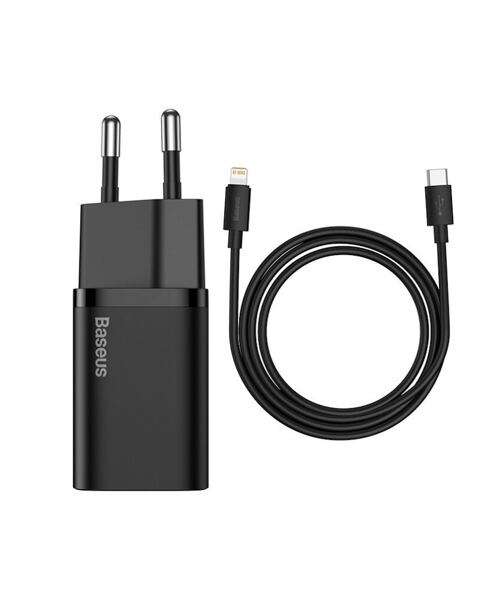 Baseus rychlonabíječka do sítě Super Si USB-C PD QC 20W černá s kabelem USB-C/Lightning 1m