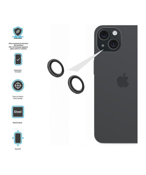 Safírová ochrana čoček fotoaparátů FIXED Sapphire Camera Glass pro Apple iPhone 15/15 Plus, černá
