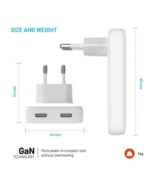 Síťová GaN nabíječka FIXED Slim s 2x USB-C výstupem a podporou PD, 45W, bílá