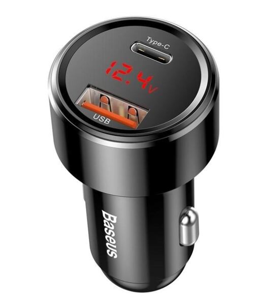 Baseus nabíječka do auta Magic USB-C PD, USB-A 45W s displejem černá