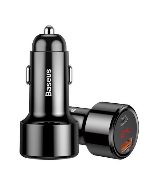 Baseus nabíječka do auta Magic USB-C PD, USB-A 45W s displejem černá