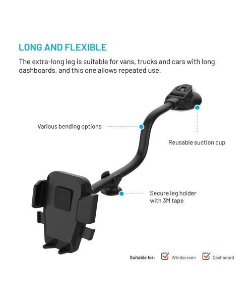 Univerzální držák do auta FIXED Iconiq Flex XL s flexibilní ohebnou nohou na sklo nebo na palubní de