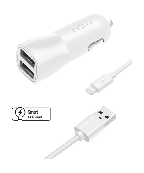 Set autonabíječky FIXED s 2xUSB výstupem a USB/Lightning kabelu, 1 metr, MFI certifikace, 15W Smart