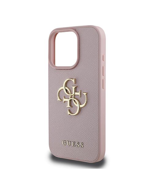 Guess PU Grained 4G Metal Logo Zadní Kryt pro iPhone 15 Pro Pink