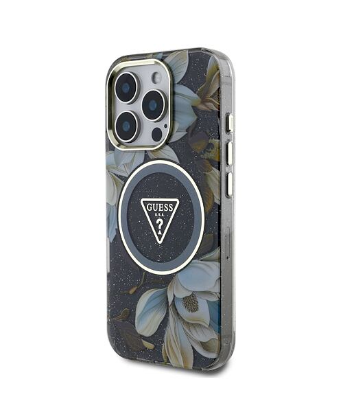 Guess IML Glitter Magnolia and Triangle Logo MagSafe Zadní Kryt pro iPhone 16 Pro Max Black