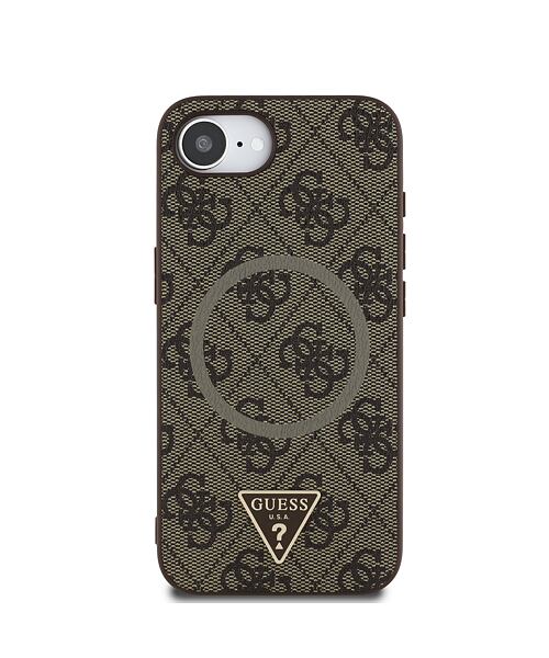 Guess PU 4G Strass Triangle Metal Logo MagSafe Zadní Kryt pro iPhone 16e Brown