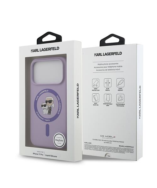 Karl Lagerfeld Liquid Silicone Karl and Choupette MagSafe Zadní Kryt pro iPhone 17 Pro Purple