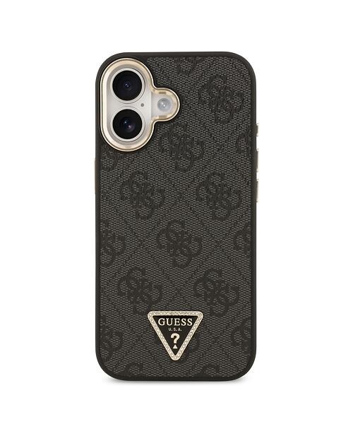 Guess PU Leather 4G Strass Triangle Logo Gold Frame MagSafe Zadní Kryt pro iPhone 17 Black