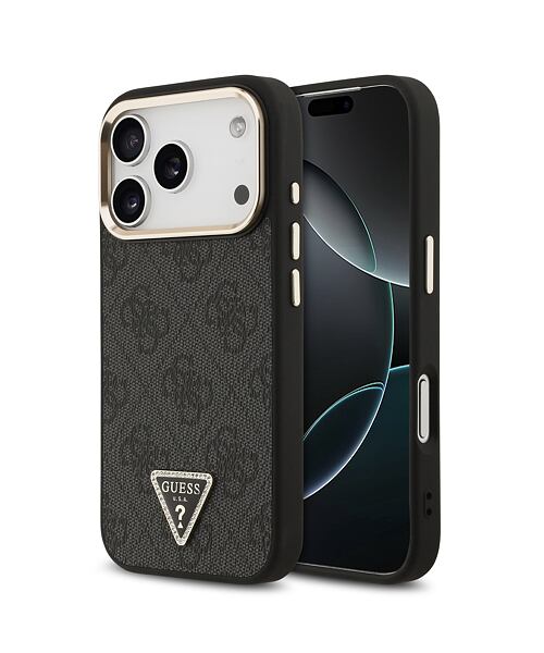 Guess PU Leather 4G Strass Triangle Logo Gold Frame MagSafe Zadní Kryt pro iPhone 17 Pro Black