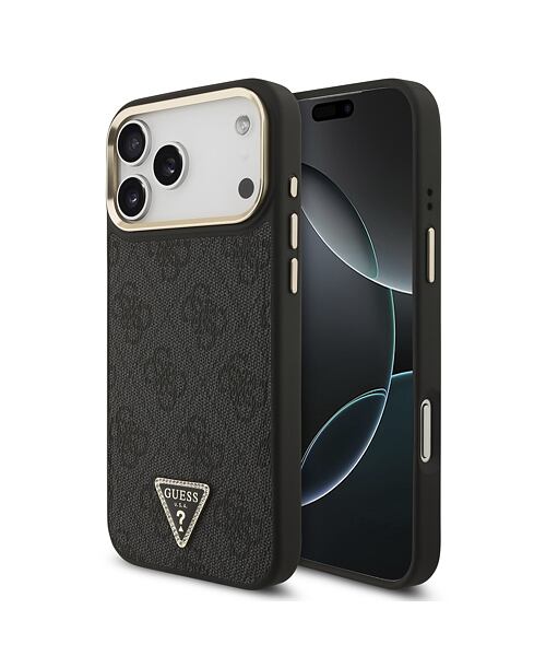 Guess PU Leather 4G Strass Triangle Logo Gold Frame MagSafe Zadní Kryt pro iPhone 17 Pro Max Black