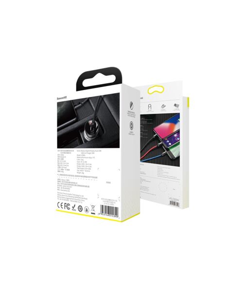 Baseus rychlonabíječka do auta 2xUSB 4,8A 24W s displejem + 3v1 kabel černá