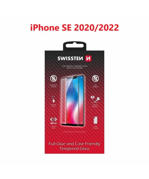 SKLO SWISSTEN FULL GLUE, COLOR FRAME, CASE FRIENDLY PRO APPLE IPHONE SE 2020/SE 2022 ČERNÉ