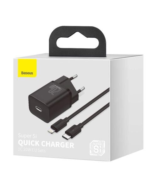 Baseus rychlonabíječka do sítě Super Si USB-C PD QC 20W černá s kabelem USB-C/Lightning 1m