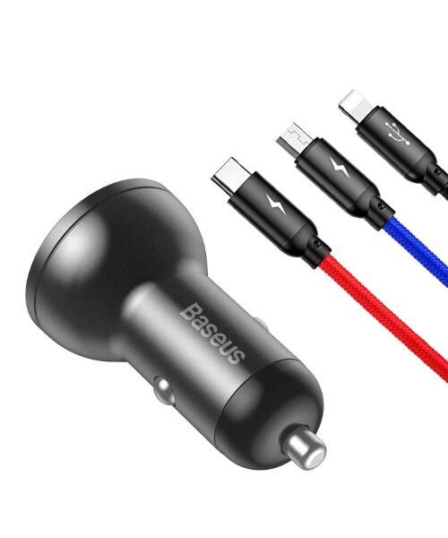 Baseus rychlonabíječka do auta 2xUSB 4,8A 24W s displejem + 3v1 kabel černá