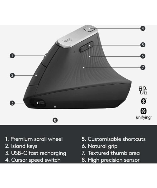 Logitech MX Vertical/Vertikální/Optická/Pro praváky/4 000 DPI/USB+BT/Grafitová