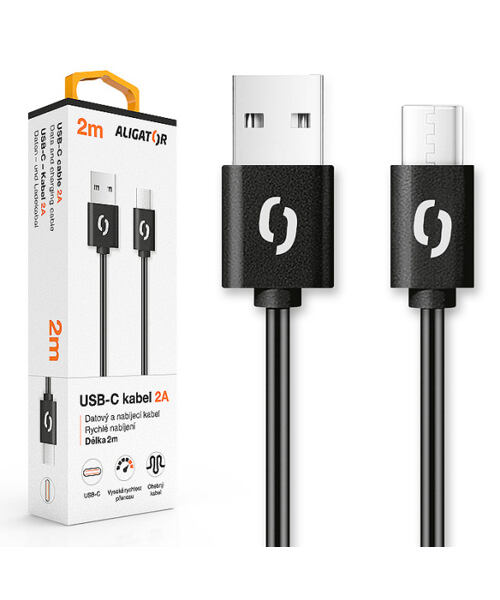 Datový kabel ALIGATOR 2A USB-C 2m, černý