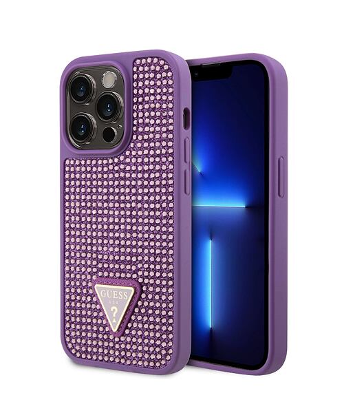 Guess Rhinestones Triangle Metal Logo Kryt pro iPhone 15 Pro Purple