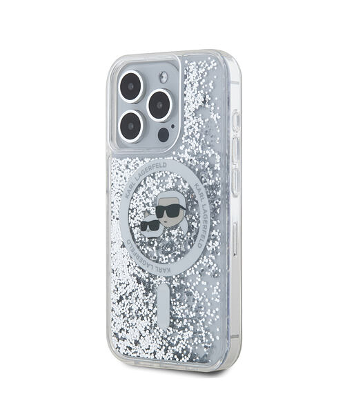 Karl Lagerfeld Liquid Glitter Karl and Choupette Heads MagSafe Zadní Kryt pro iPhone 15 Pro Transpar