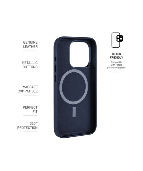 Kožený zadní kryt FIXED MagLeather s podporou Magsafe pro Apple iPhone 15, modrý