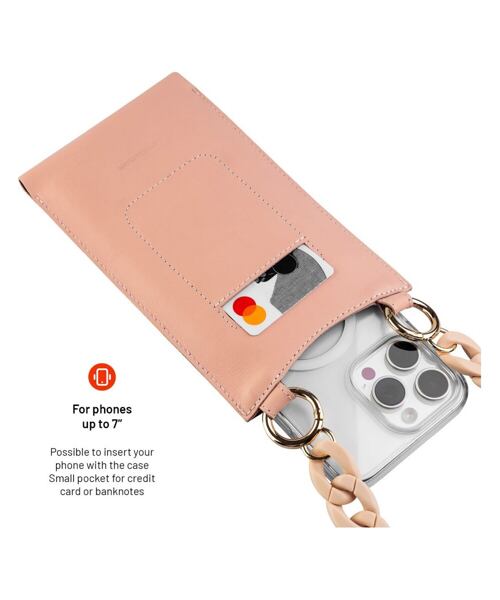 Kožená taštička přes rameno s kapsou FIXED Venezia pro 7" mobilní telefony s béžovým řetízkem, pudro