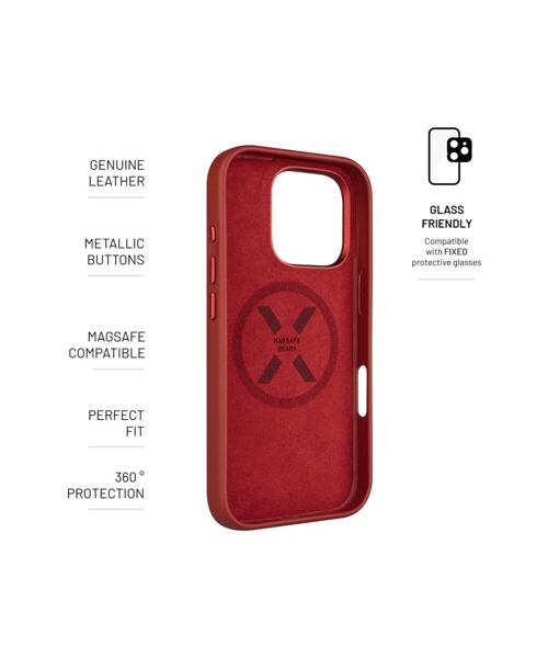 Kožený zadní kryt FIXED MagLeather s podporou MagSafe pro Apple iPhone 16 Pro, červený