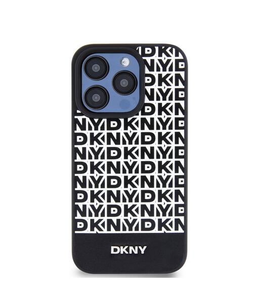 DKNY PU Leather Repeat Pattern Bottom Stripe MagSafe Zadní Kryt pro iPhone 15 Pro Black