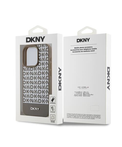 DKNY PU Leather Repeat Pattern Bottom Stripe MagSafe Zadní Kryt pro iPhone 15 Pro Brown