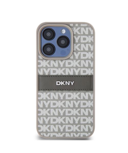 DKNY PU Leather Repeat Pattern Tonal Stripe Zadní Kryt pro iPhone 14 Pro Max Beige