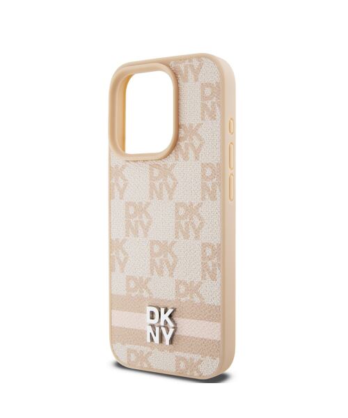DKNY PU Leather Checkered Pattern and Stripe Zadní Kryt pro iPhone 14 Pro Pink