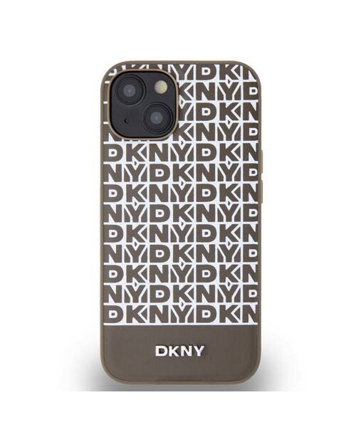 DKNY PU Leather Repeat Pattern Bottom Stripe MagSafe Zadní Kryt pro iPhone 15 Brown