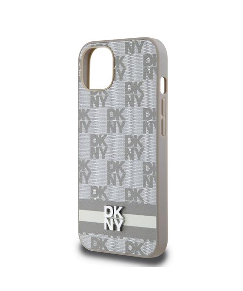 DKNY PU Leather Checkered Pattern and Stripe Zadní Kryt pro iPhone 13 Beige