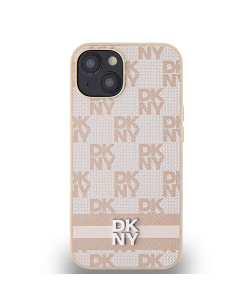 DKNY PU Leather Checkered Pattern and Stripe Zadní Kryt pro iPhone 15 Pink
