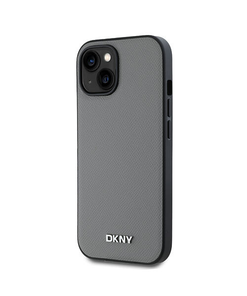DKNY PU Leather Silver Metal Logo Magsafe Zadní Kryt pro iPhone 15 Grey