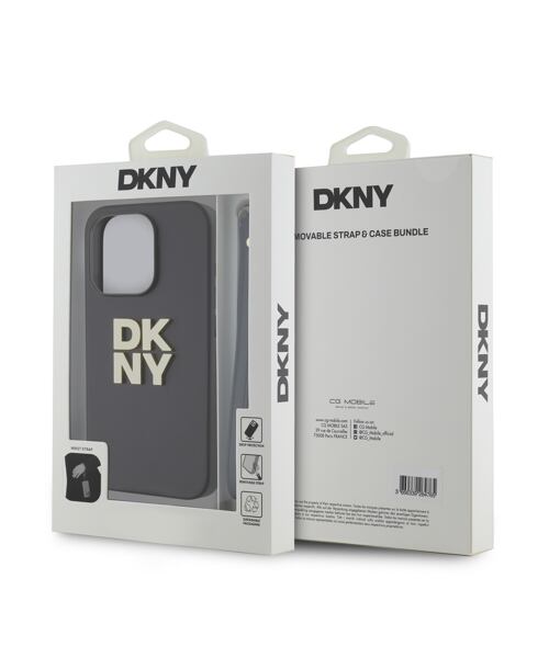 DKNY PU Leather Stack Logo Wrist Strap Zadní Kryt pro iPhone 14 Pro Black