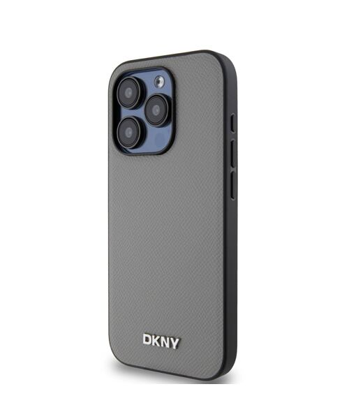 DKNY PU Leather Silver Metal Logo Magsafe Zadní Kryt pro iPhone 15 Pro Max Grey