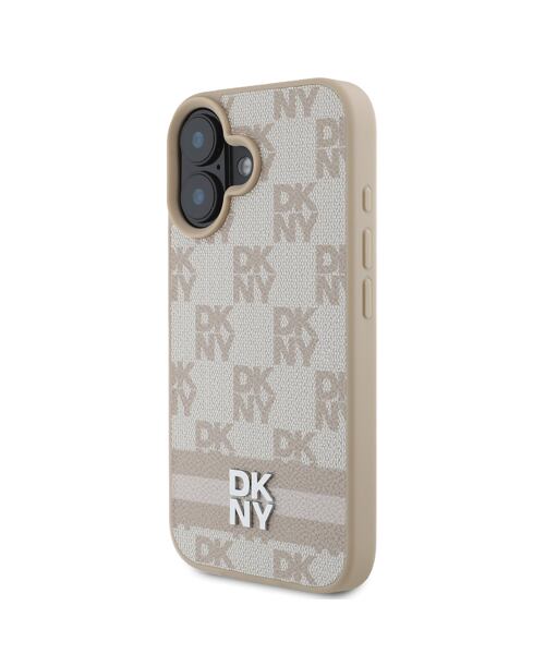 DKNY PU Leather Checkered Pattern and Stripe Zadní Kryt pro iPhone 16 Pink
