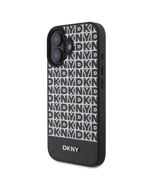 DKNY PU Leather Repeat Pattern Bottom Stripe MagSafe Zadní Kryt pro iPhone 16 Plus Black