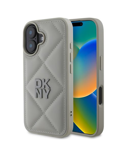 DKNY PU Leather Quilted Stack Logo Zadní Kryt pro iPhone 16 Grey