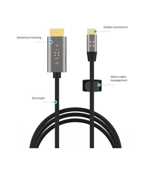 Video kabel FIXED s konektory USB-C/HDMI, USB-C 3.1 Gen 2 18Gbps, HDMI 2.0 4K60Hz, 2m, šedý