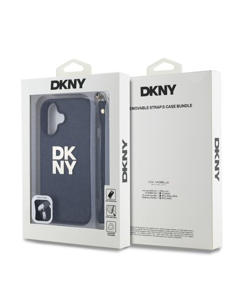 DKNY PU Leather Stack Logo Wrist Strap Zadní Kryt pro iPhone 16 Black