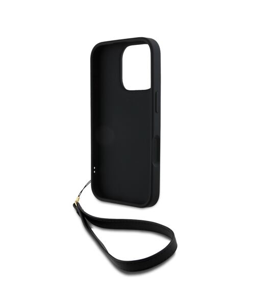 DKNY PU Leather Stack Logo Wrist Strap Zadní Kryt pro iPhone 16 Pro Black