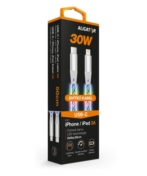 Datový kabel ALIGATOR POWER 3A 30W, USB-C/Lightning, 0,5m svítící